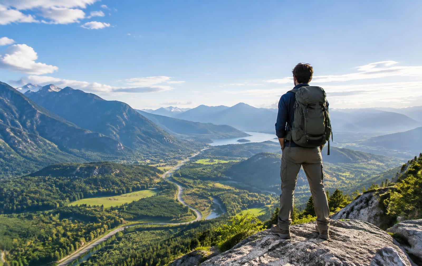 Traveller looking out over a green mountain valley